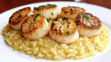 Fototapeta premium Delicious Pan-Seared Scallops Served on Creamy Risotto with Fresh Herbs Garnish for Gourmet Dining Experience