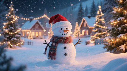 A festive winter scene featuring a cheerful snowman standing in the snow, adorned with a red Santa hat and a cozy scarf. Christmas, Christmas Tree, Merry Christmas, Christmas Background