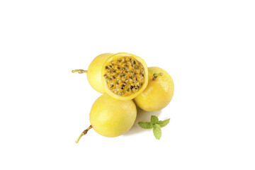 Fresh Golden Passion Fruit Cut in Half with Seeds on White Background