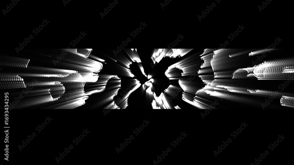 Poster create an abstract and dynamic video with a black background, featuring a horizontal band of fragmen