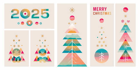 Modern geometric christmas tree designs and 2025 new year greeting cards with abstract shapes and festive colors