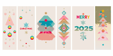 Modern abstract christmas tree designs with festive ornaments and new year greetings