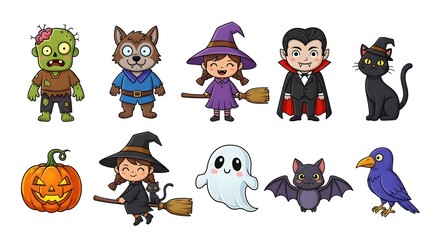 Cartoon Halloween Characters Featuring Classic Monsters and Creatures