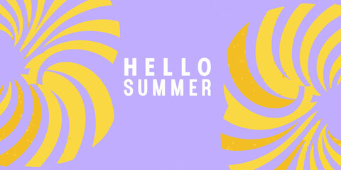 Hello summer greeting with abstract swirling yellow sunbursts on a textured lavender background
