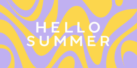 Bright and cheerful hello summer text on a wavy yellow and purple background