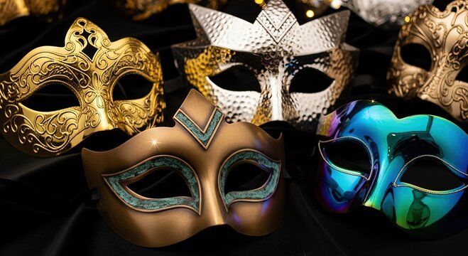 Elegant masquerade party masks in gold, bronze and silver for festive occasions and celebrations