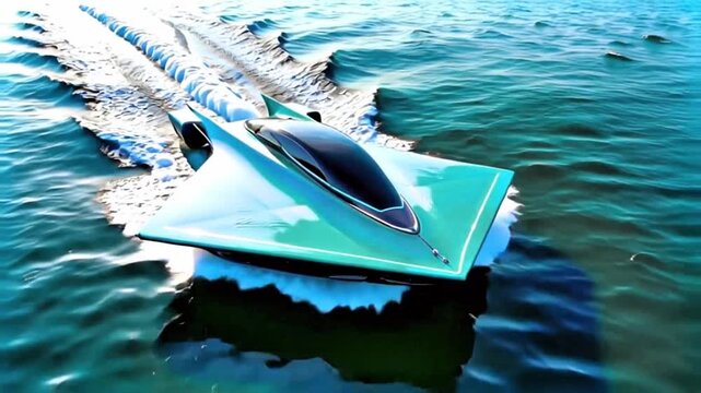 A futuristic, sleek boat with a modern design. It has a streamlined shape and a combination of blue and green colors, with a propeller at the rear.