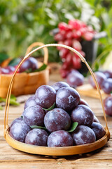 Freshly Picked Chinese Plums in Bamboo Basket - Organic Stone Fruit Harvest