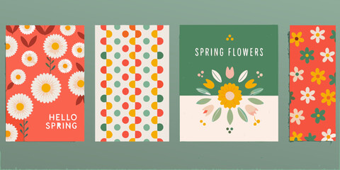 Obraz premium Collection of four spring themed greeting cards featuring flowers and geometric patterns