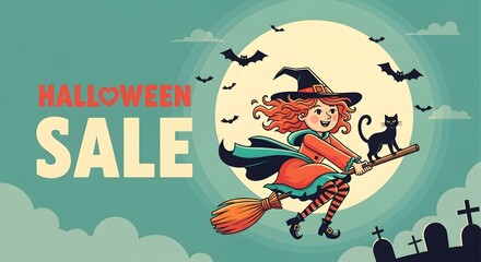 Halloween Sale Graphic with Witch and Black Cat