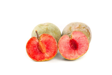 Fresh Red Flesh Plums from Fujian Gutian China Whole and Sliced on White Background
