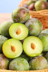 Fresh Green Sichuan Plums Sweet Crisp Stone Fruit in Wicker Basket Organic Harvest Display