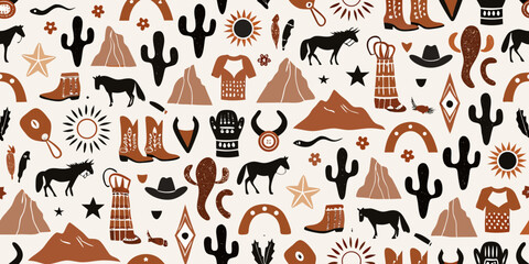 Boho western desert pattern with cowboys boots cacti horses and sun symbols