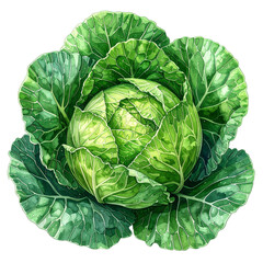 Fototapeta premium Green Cabbage Isolated On White Background: A fresh watercolor illustration presents a vibrant green cabbage, its leafy layers and natural form capturing the essence of organic produce.
