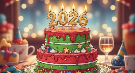 Celebrate 2026 with a festive Christmas cake adorned with gifts, stars, and sweet holiday cheer
