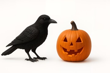 Obraz premium Charming Halloween scene with a sleek black crow and a smiling jack-o'-lantern pumpkin, perfect for spooky season promotions and festive designs