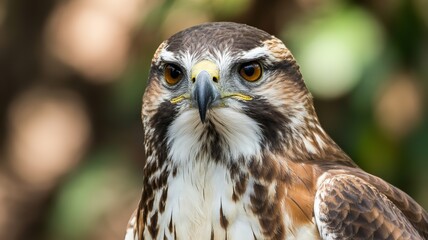 Obraz premium Close up portrait of a hawk with brown and white feathers and a sharp beak in a natural setting