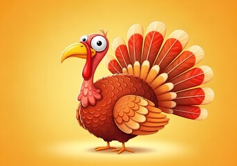Cartoon Turkey with Big Eyes on Orange Background