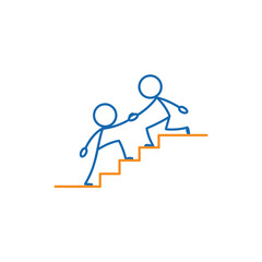 Two Stick Figures Helping Each Other Climb Stairs, Teamwork Climbing Stairs, Stick Figures Collaboration.