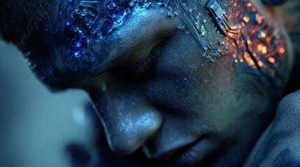 A saint of circuitry gazes at the outer stars. Real feeling. Interstellar peacekeeper embodies the future of human and technology. Human touch. Real life.