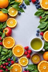 Naklejka premium Fresh Fruits and Green Leaves Beautifully Arranged on a Light Background with a Cup of Olive Oil and Berries