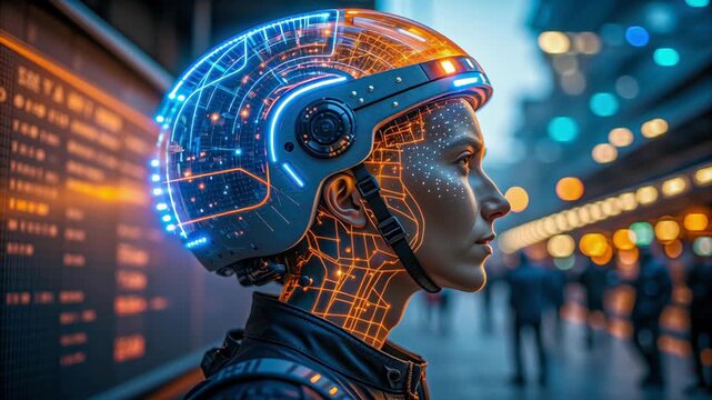 Future woman profile with cyber helmet, neon circuit AI analytics night city confident portrait, glowing interface, data grid, tech focus