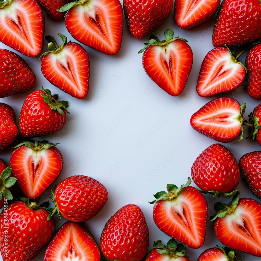 Poster fresh red strawberries arranged in a circular pattern on white background for healthy food concepts