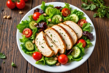 Fresh Salad with Sliced Chicken Breast, Cherry Tomatoes, Cucumbers, and Green Leafy Vegetables on Rustic Wooden Table