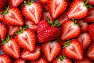 Fresh and Juicy Red Strawberries Arranged Artistically, Showcasing Heart-Shaped Fruits on a Vibrant Background