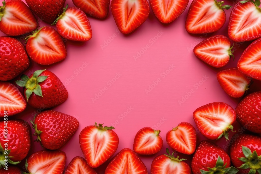 Poster fresh red strawberries arranged in a circular pattern on a pink background for culinary and decorati