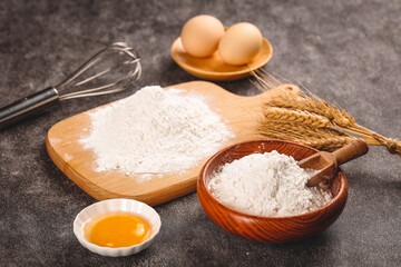 Fresh wheat flour eggs and baking ingredients for homemade bread dough kneading and pastry making