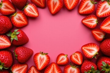 Fresh Red Strawberries Arranged in a Circular Pattern on a Pink Background for Culinary and Decorative Use