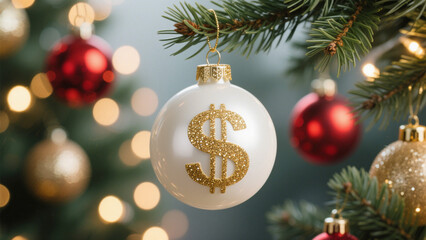 A festive holiday scene featuring a white Christmas ornament adorned with glittering gold dollar signs hanging from lush green pine branches. Christmas, Christmas Tree, Merry Christmas