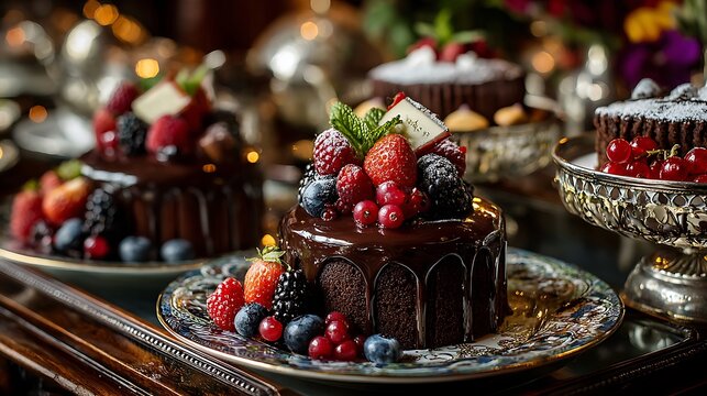 Close up of chocolate cakes with berries and mint on decorative plates in a fancy setting indoors