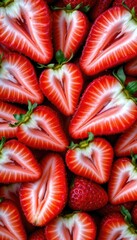 Fresh Slice of Juicy Strawberries Arranged in Heart Shapes Ideal for Sweet Treat Themes and Healthy Recipes