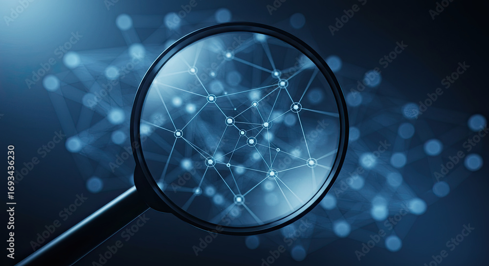 Poster magnifying glass examining blue network connection nodes on transparent background