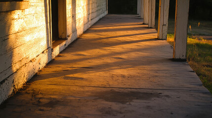 Serene Wooden Porch with Soft Evening Light and Long Shadows Creating a Peaceful Atmosphere for a Tranquil Outdoor Escape in Nature's Beauty