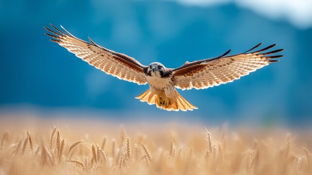 A red tailed hawk soars above a field of wheat with a clear blue sky as a background on a sunny day