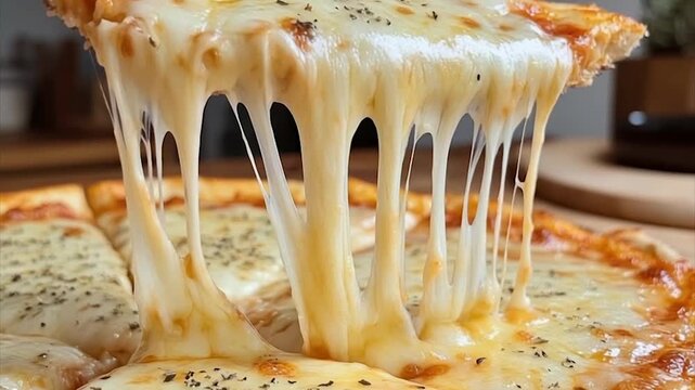 A cheesy pizza slice with melted, stringy cheese
