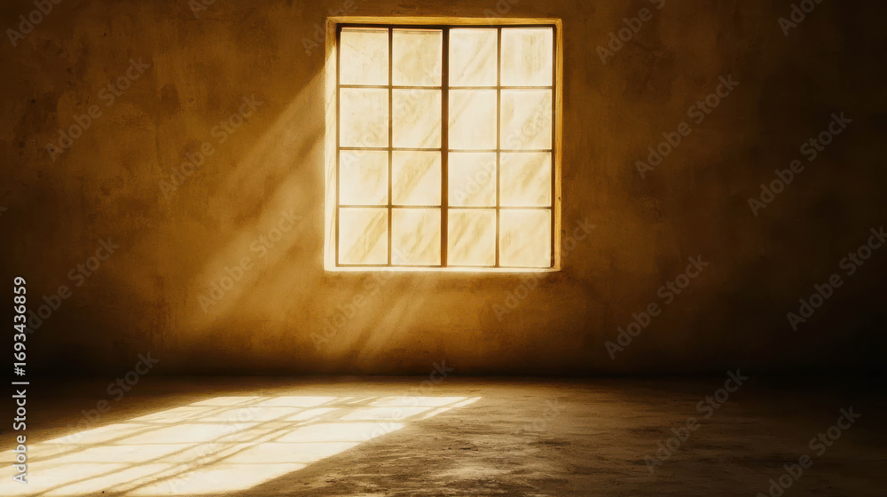 Poster soft golden light streaming through a rustic window frame illuminating an empty room with subtle tex