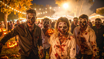 Fototapeta premium Group of young people who turned into scary zombies at a Halloween party