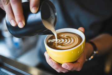 Coffee Art in Creation: A barista pours steaming milk into a vibrant yellow cup, creating an intricate art pattern on the surface of the rich, aromatic coffee.