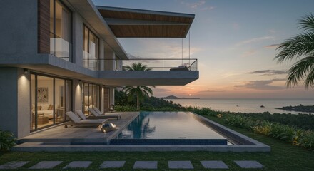 Fototapeta premium Luxury Modern Villa with Infinity Pool Overlooking Ocean Sunset