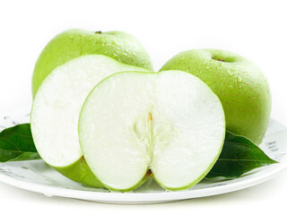 Fresh Green Apples Sliced Half White Plate Healthy Organic Fruit Clean White Background