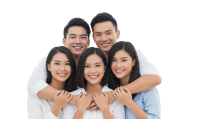 A group of five young asian adults, two men and three women, smiling and embracing each other, isolated on transparent background
