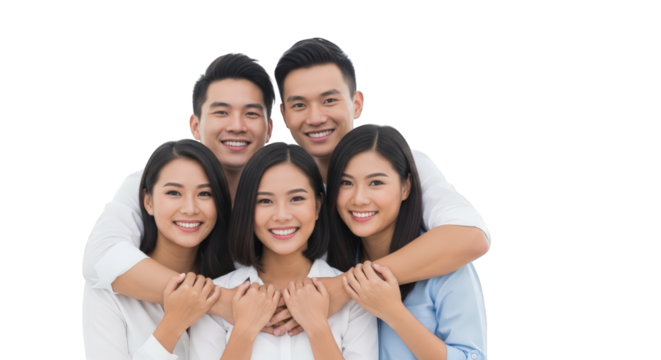 A group of five young asian adults, two men and three women, smiling and embracing each other, isolated on transparent background