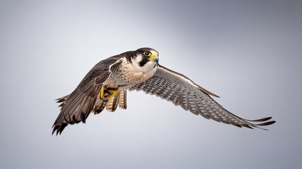 Fototapeta premium Peregrine falcon soaring through the sky with its wings spread wide against a light background