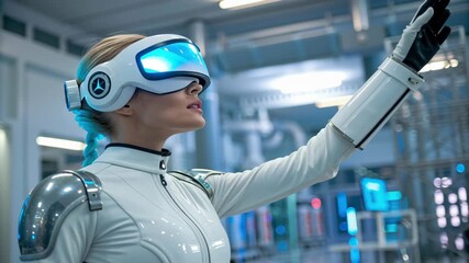 Futuristic woman virtual reality headset sci fi suit neon light cyber lab blue glow augmented reality gesture control, white bodysuit visor using AI - Powered by Adobe