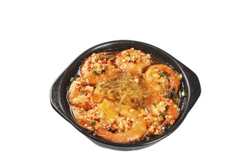 Asian Shrimp Glass Noodle Clay Pot Dish with Garlic on White Background