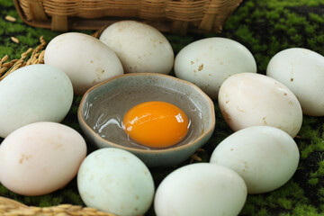 Fresh Free-Range White Eggs with Golden Yolk on Green Moss Natural Organic Farm Display